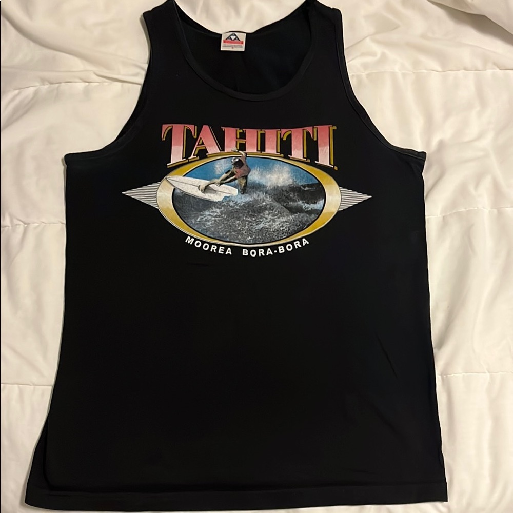 Vintage 80s or 90s Tahiti Black Men's Swim Tank Top